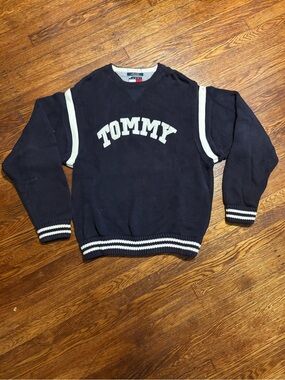 Y2K Tommy Navy Crewneck Sweater with White Trim